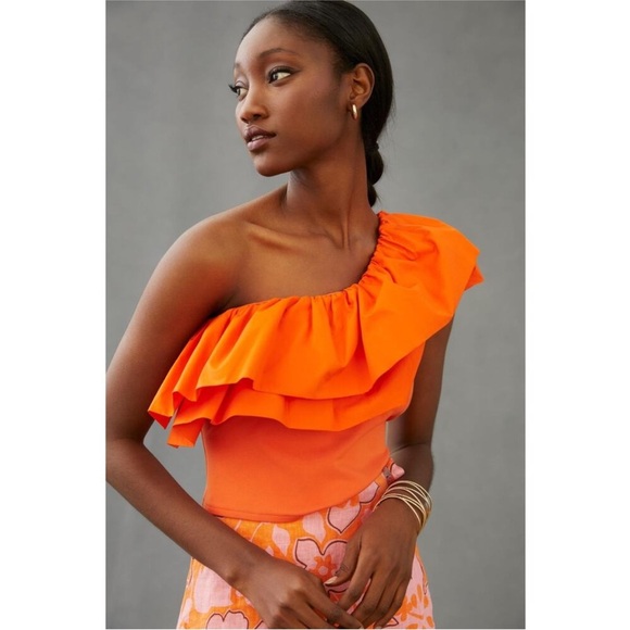 Anthropologie Sunday in Brooklyn Ruffled One-Shoulder Top in Orange - Picture 1 of 4